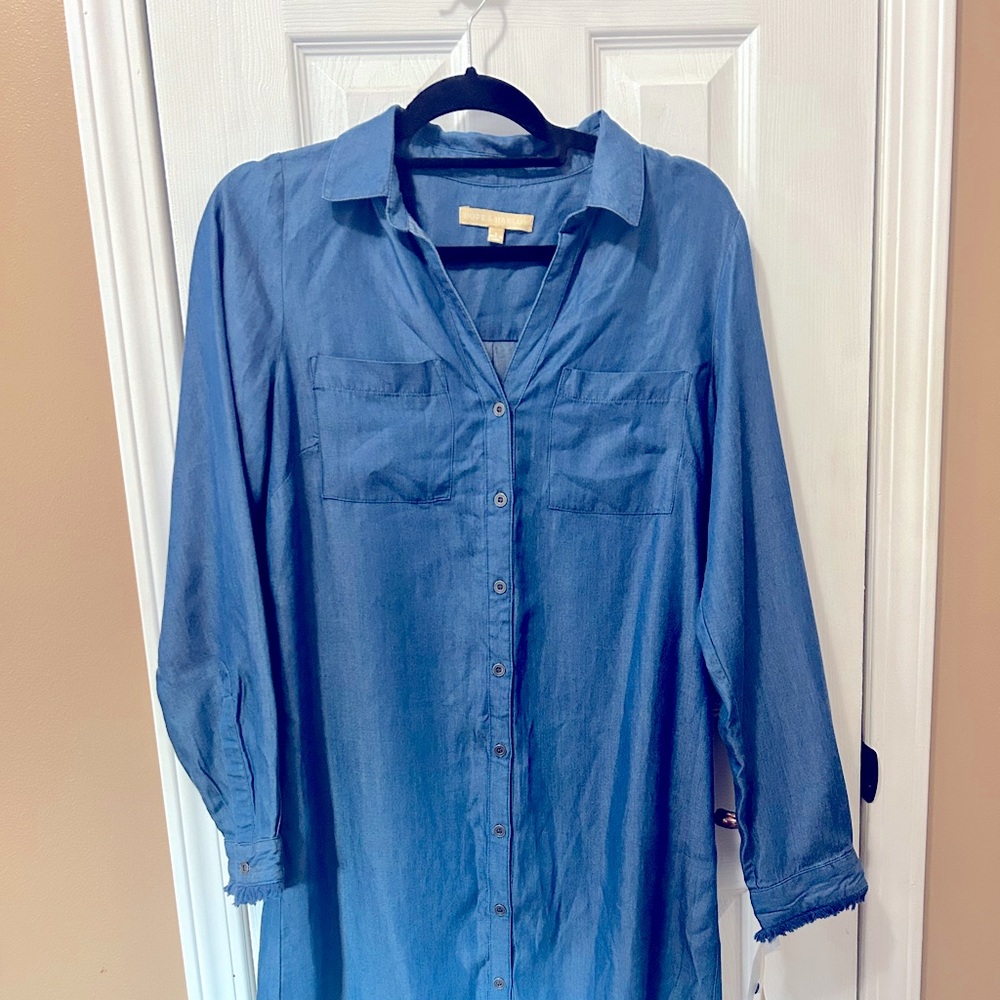 NWT Hope & Harlow Size 8 Blue Denim Fringe Dress Shirt